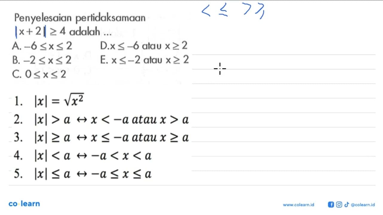 Penyelesaian pertidaksamaan |x+2|>=4 adalah ...