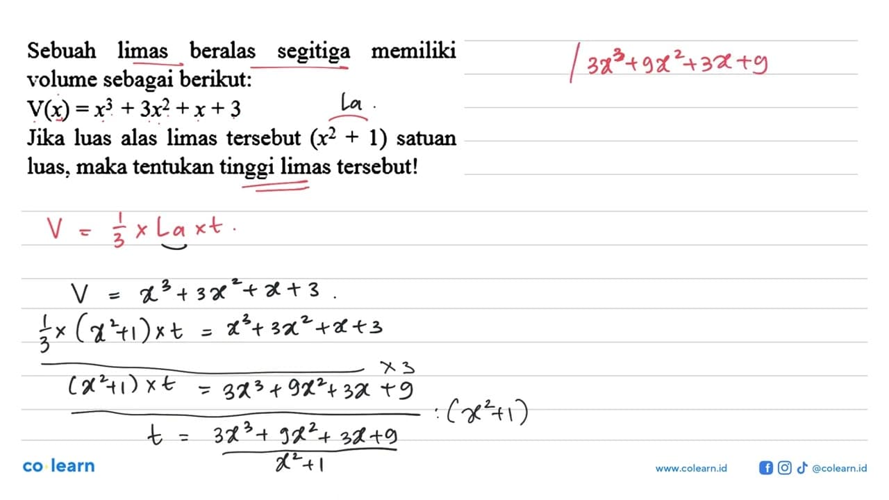 Sebuah limas beralas segitiga memiliki volume sebagai