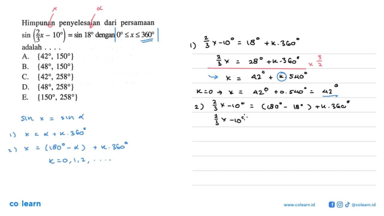 Himpunan penyelesaian dari persamaan sin(2/3x - 10) = sin18