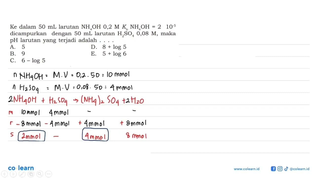 Ke dalam 50 mL larutan NH4OH 0,2 M Kb NH4OH=2.10^(-5)