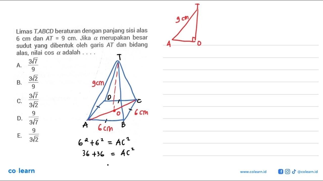 Limas T.ABCD beraturan dengan panjang sisi alas 6 cm dan