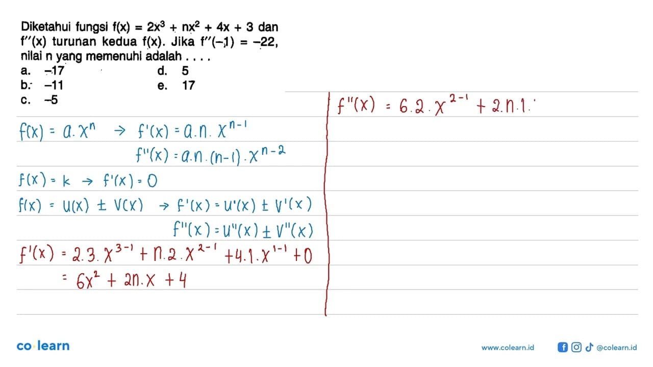 Diketahui fungsi f(x)=2x^3+nx^2+4x+3 dan f''(x) turunan