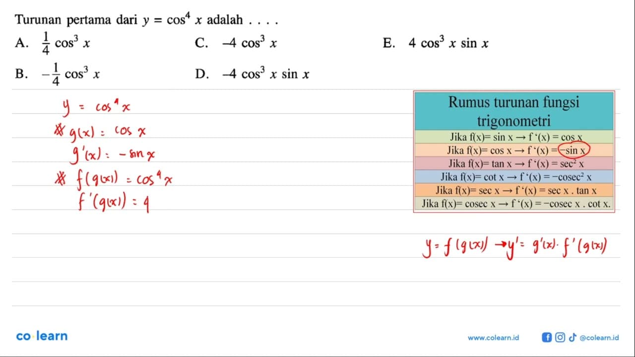 Turunan pertama dari y=cos^4 x adalah . . . .