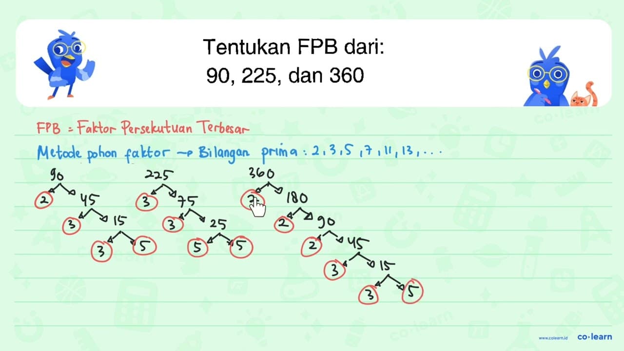 Tentukan FPB dari : 90, 225, dan 360