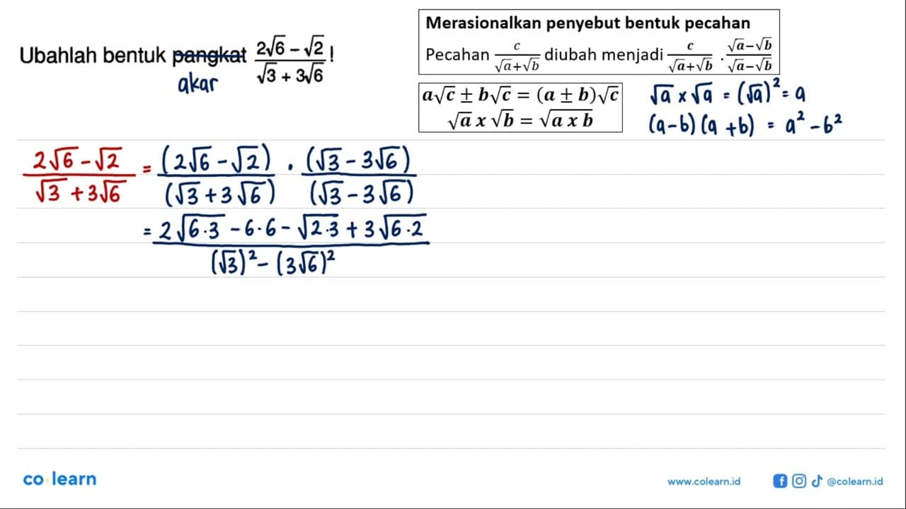 Ubahlah bentuk pangkat (2 akar(6) - akar(2))/(akar(3) + 3