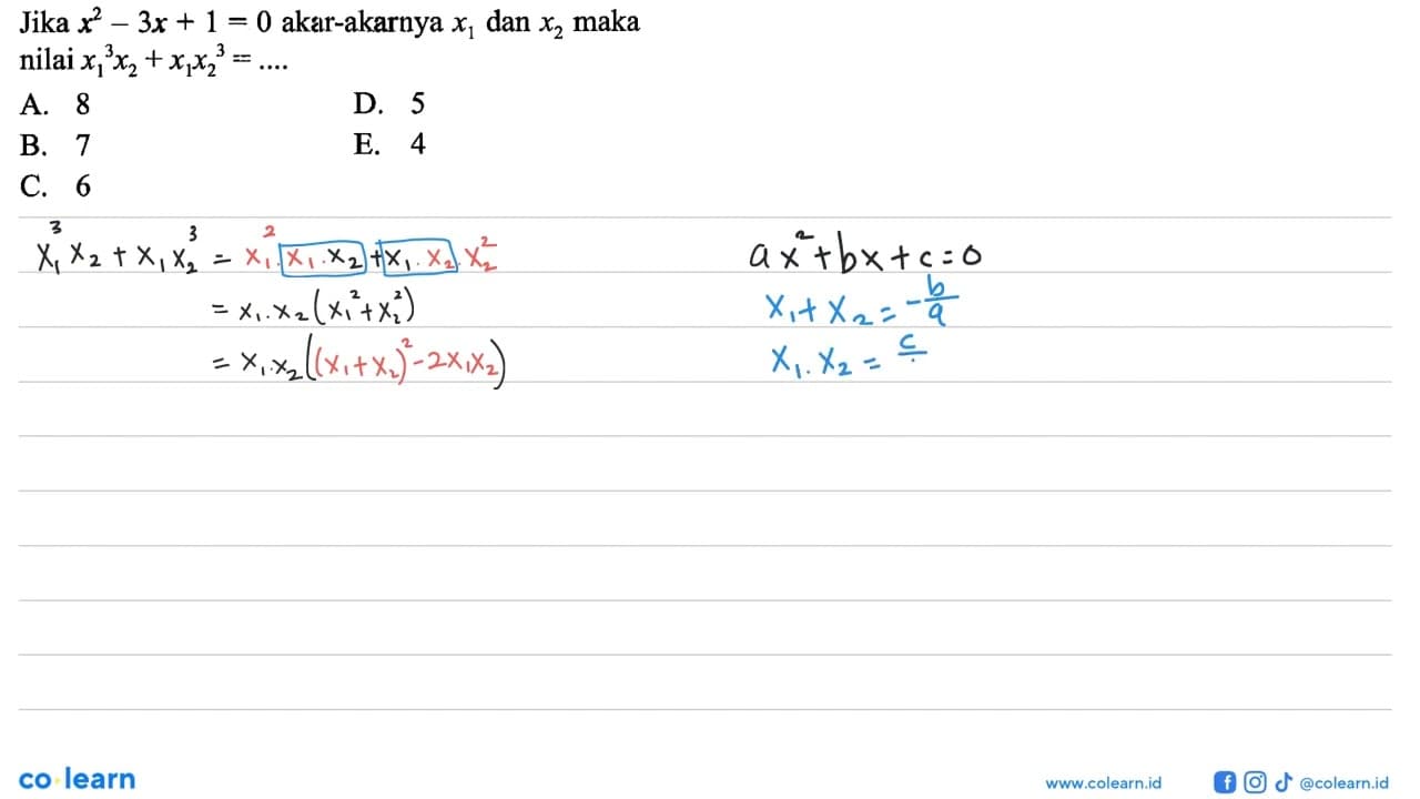 Jika x^2-3x+1=0 akar-akarnya x1 dan x2 maka nilai