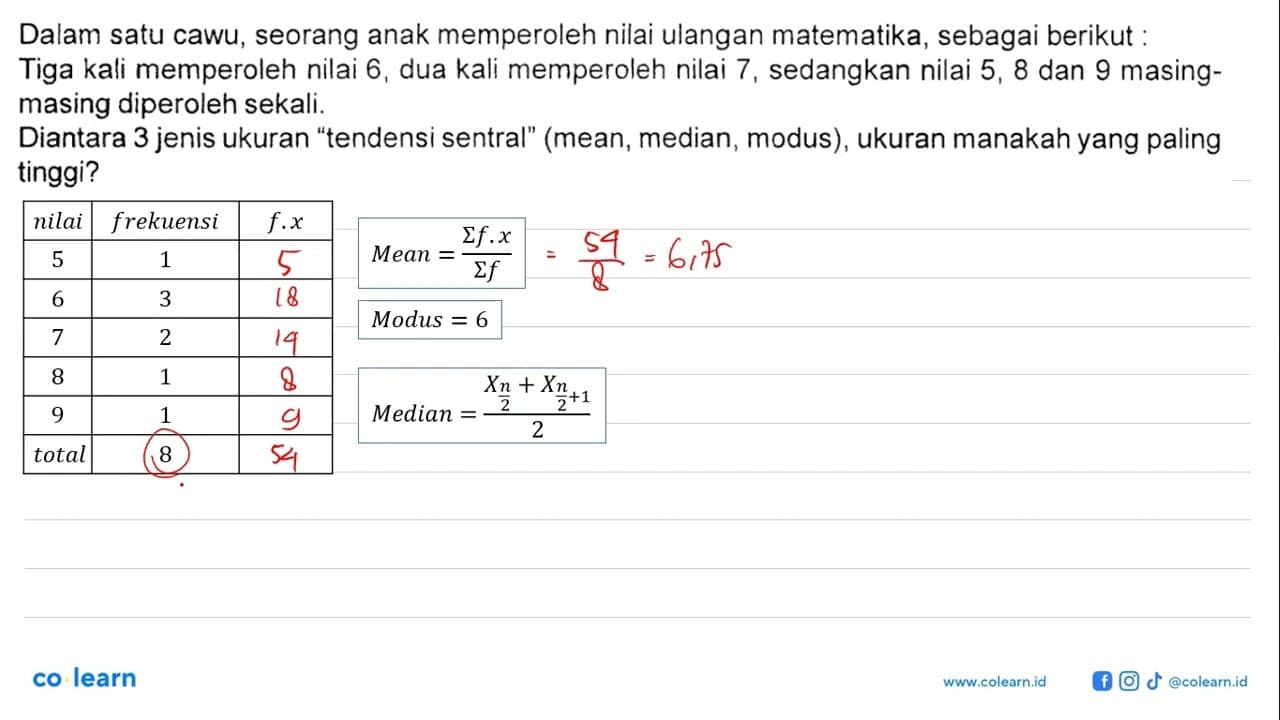 Dalam satu cawu, seorang anak memperoleh nilai ulangan