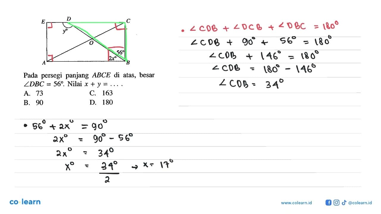 Pada persegi panjang ABCE di atas, besar sudut DBC=56.