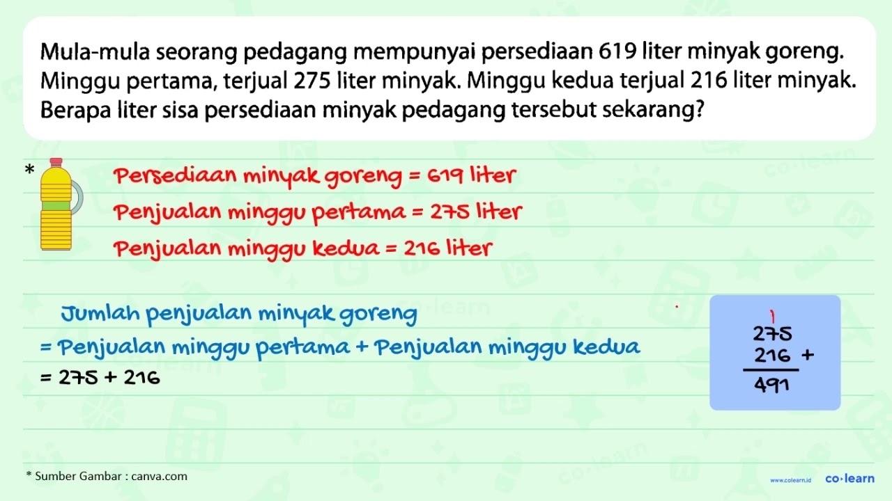 Mula-mula seorang pedagang mempunyai persediaan 619 liter