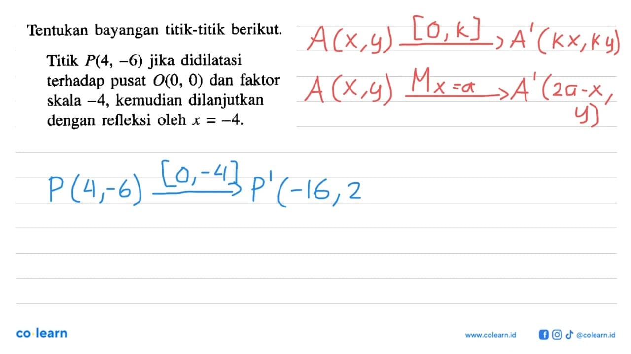 Tentukan bayangan titik-titik berikut Titik P(4, -6) jika