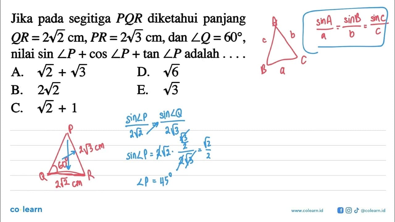 Jika pada segitiga PQR diketahui panjang QR=2akar(2)cm,