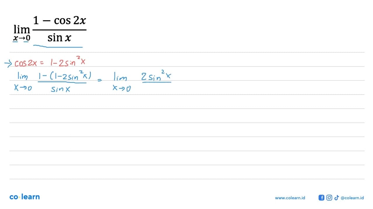 limit x->0 (1-cos2x)/sinx