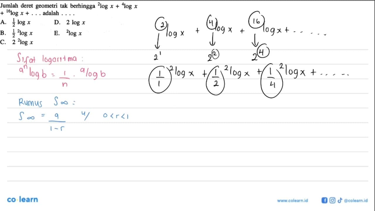 Jumlah deret geometri tak berhingga 2log x+ 4 log x+ 16 log