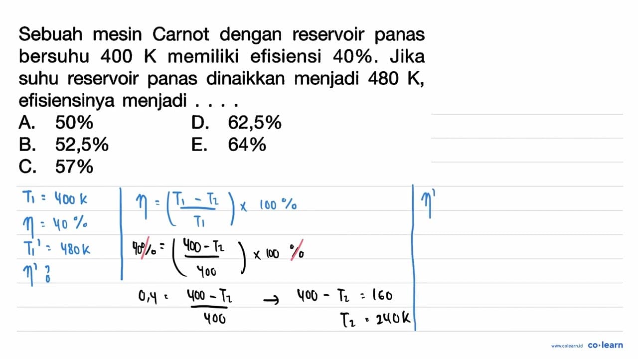 Sebuah mesin Carnot dengan reservoir panas bersuhu 400 K