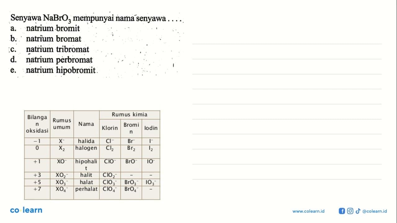 Senyawa NaBrO3 mempunyai namásenyawaa. natrium bromitb.