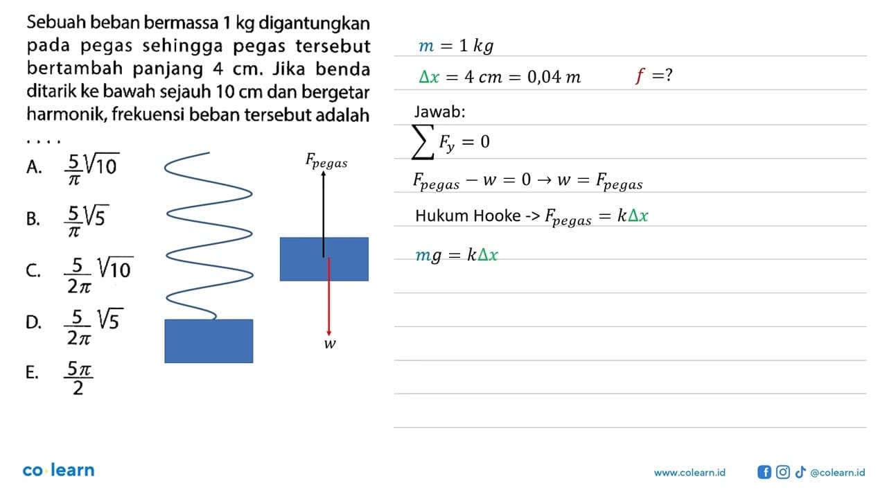 Sebuah beban bermassa 1 kg digantungkan pada pegas sehingga