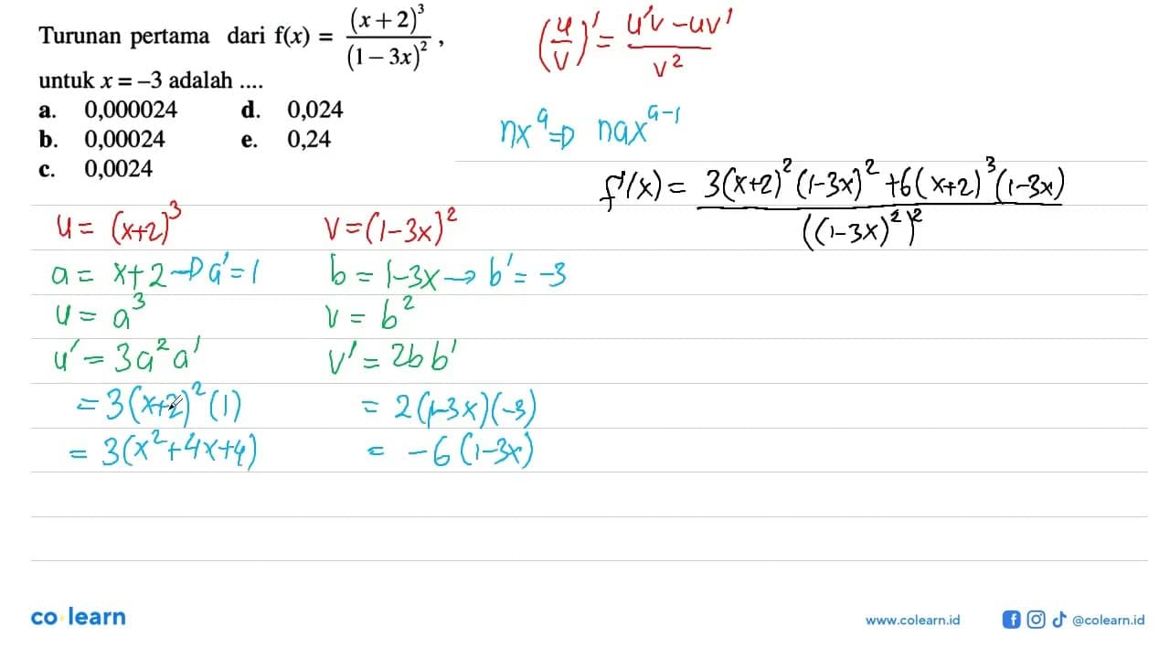 Turunan pertama dari f(x)=(x+2)^3/(1-3x)^2 untuk x=-3