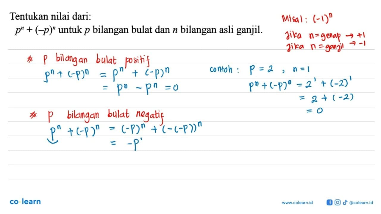 Tentukan nilai dari: p^n + (-p)^n untuk p bilangan bulat