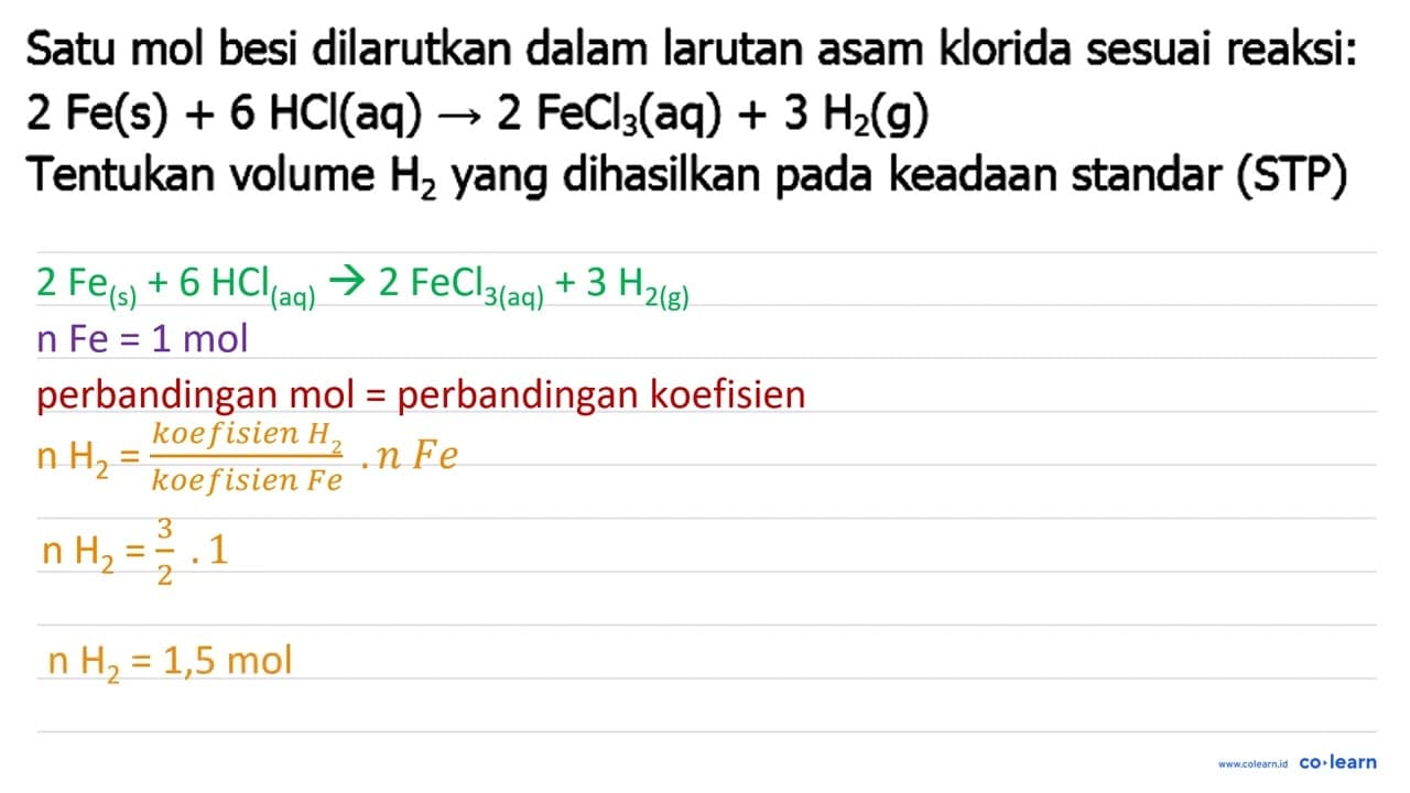 Satu mol besi dilarutkan dalam larutan asam klorida sesuai