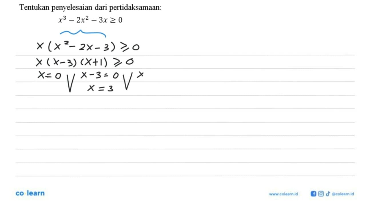 Tentukan penyelesaian dari pertidaksamaan: x^3-2x^2-3x>=0