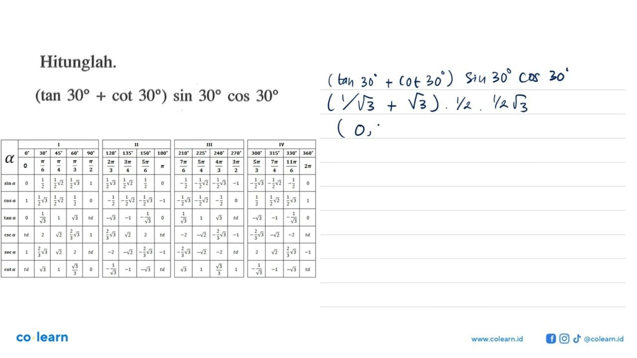 Hitunglah: (tan 30 + cot 30 ) sin 30 cos 30