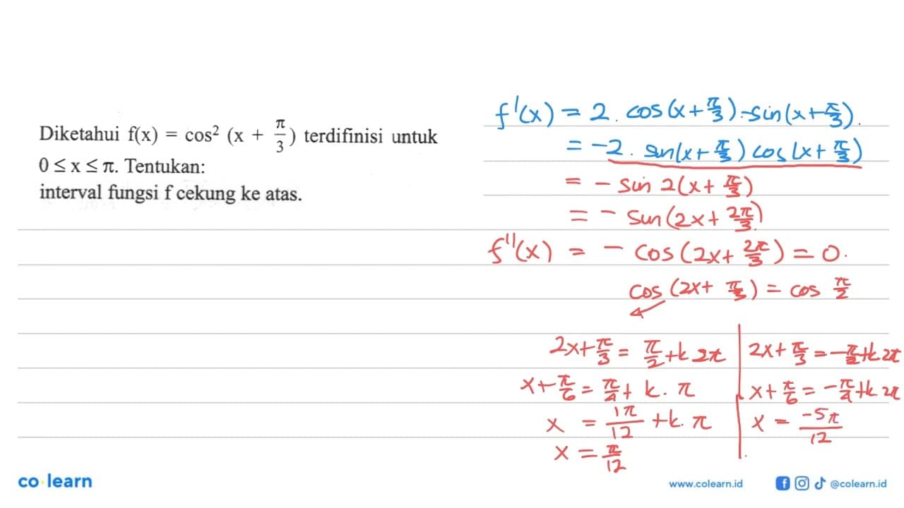 Diketahui f(x)=cos^2(x+pi/3) terdifinisi untuk 0<=x<=pi.