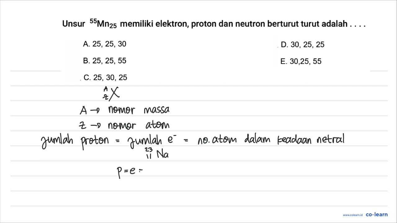 Unsur ^55 Mn25 memiliki elektron, proton dan neutron