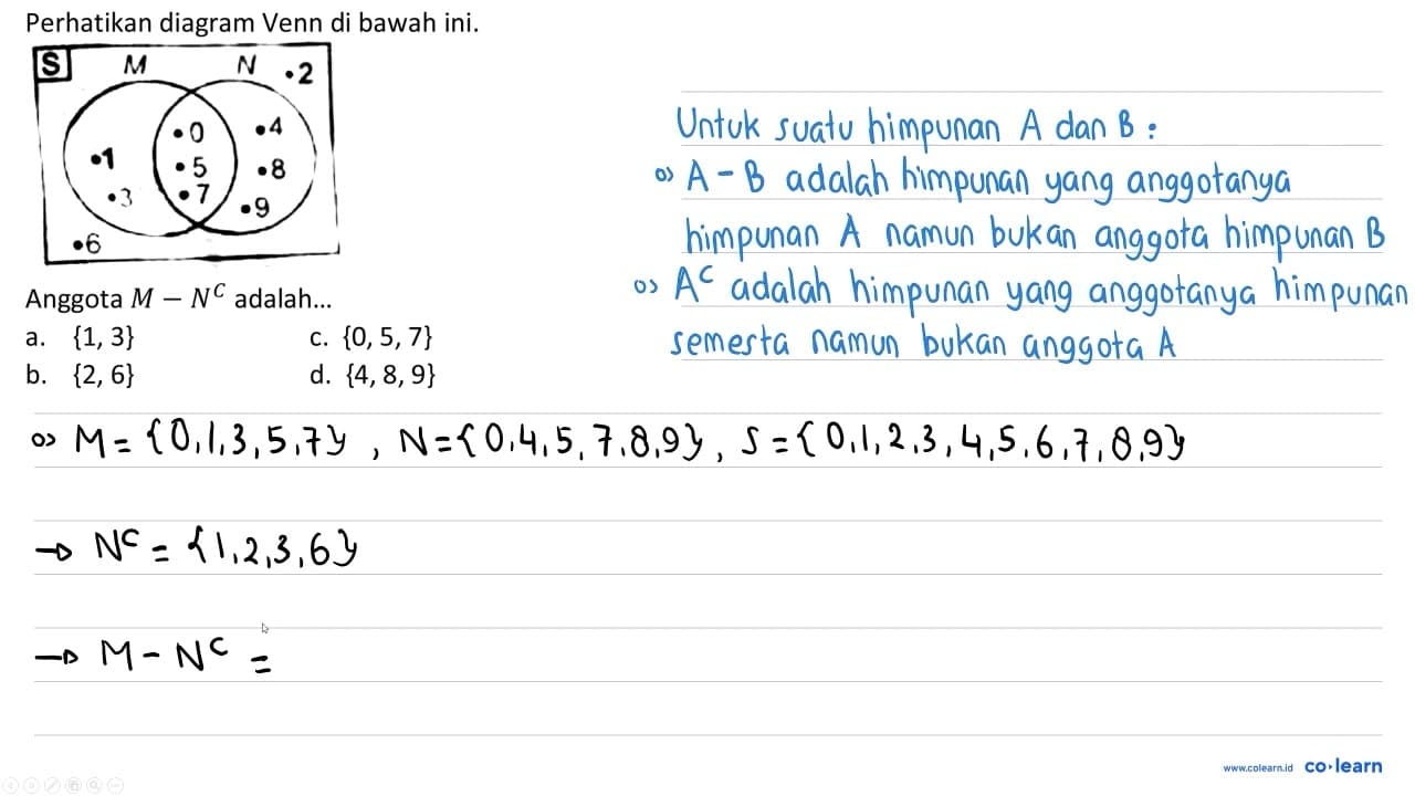 Perhatikan diagram Venn di bawah ini. Anggota M-N^(C)