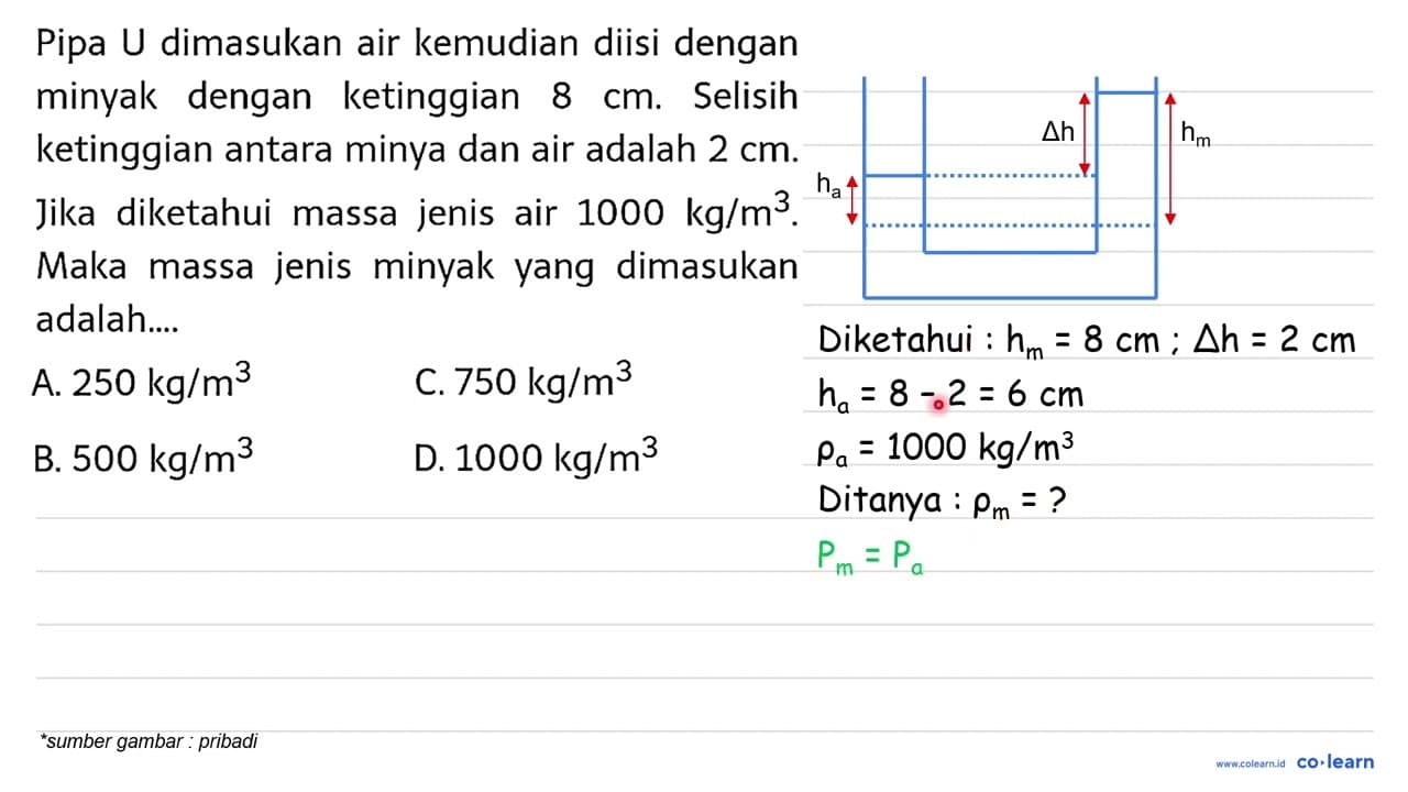 Pipa U dimasukan air kemudian diisi dengan minyak dengan