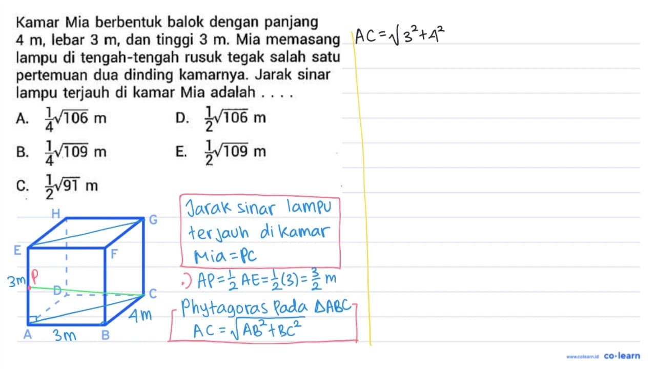 Kamar Mia berbentuk balok dengan panjang 4 m , lebar 3 m ,