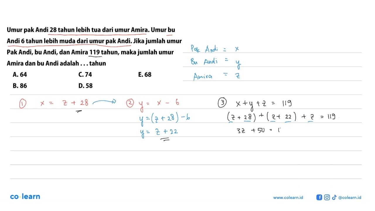 Umur pak Andi 28 tahun lebih tua dari umur Amira. Umur bu