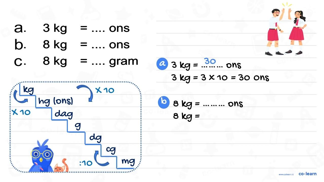 a. 3 kg = .... ons b. 8 kg = .... ons c. 8 kg = .... gram