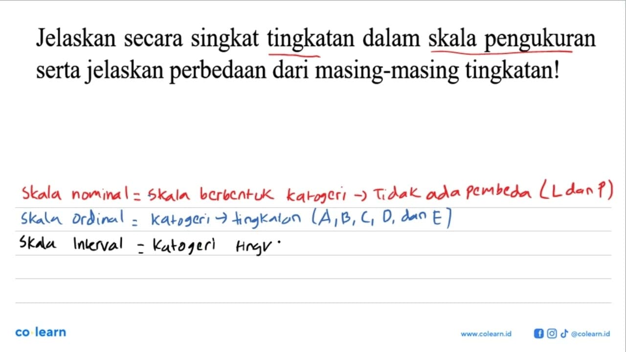 Jelaskan secara singkat tingkatan dalam skala pengukuran