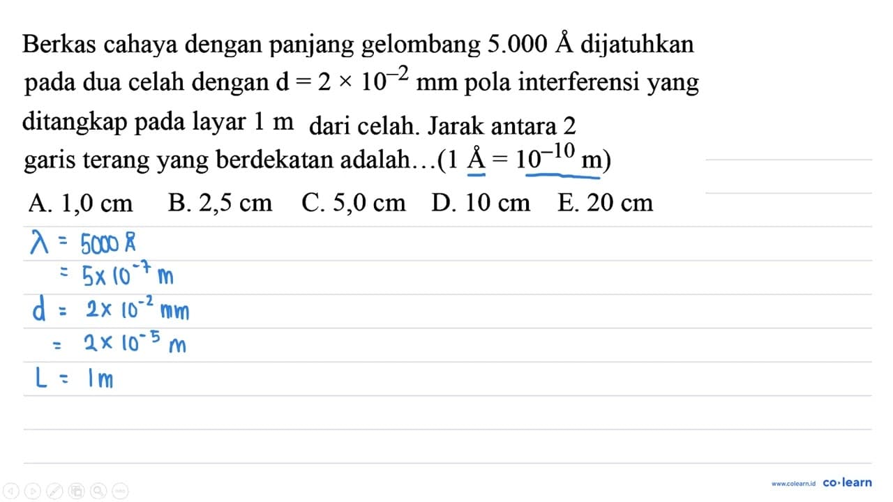 Berkas cahaya dengan panjang gelombang 5.000 AA dijatuhkan