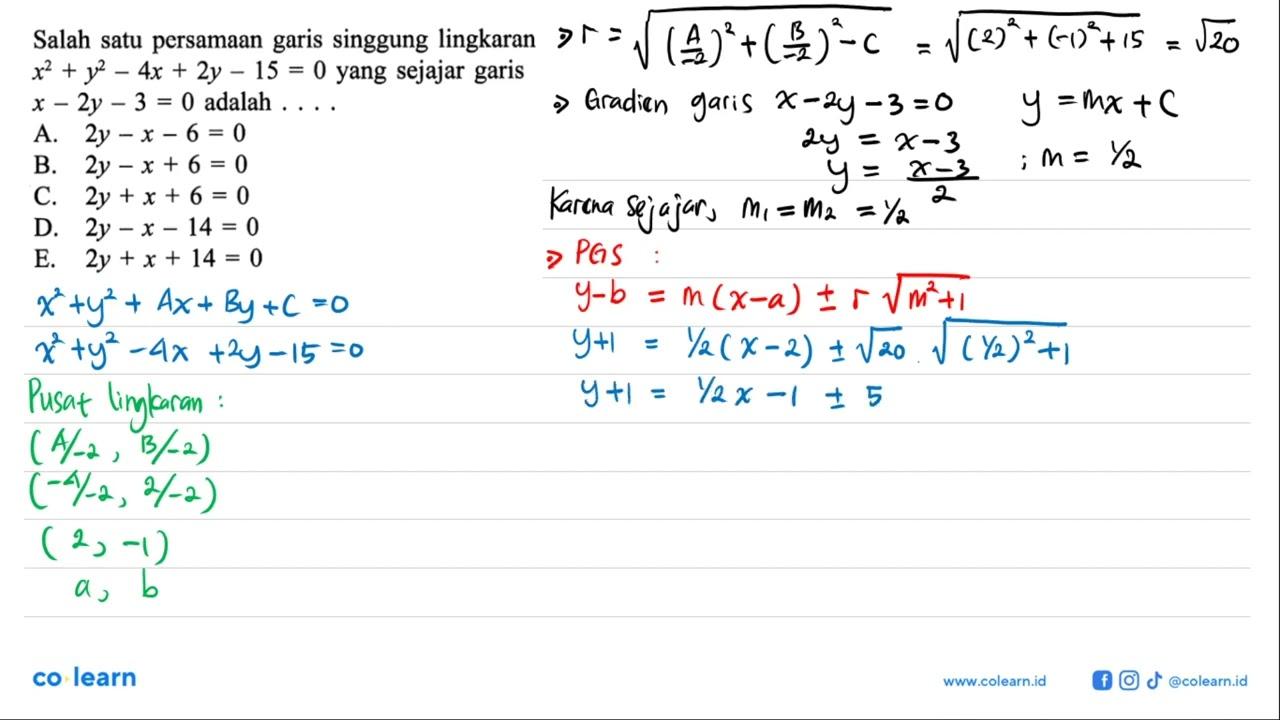 Salah satu persamaan garis singgung lingkaran x^2+y^2-4 x+2