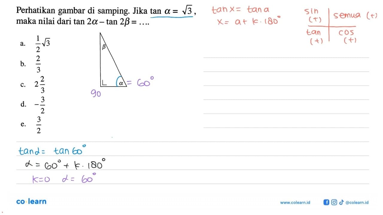 Perhatikan gambar di samping. Jika tan a=akar(3), maka