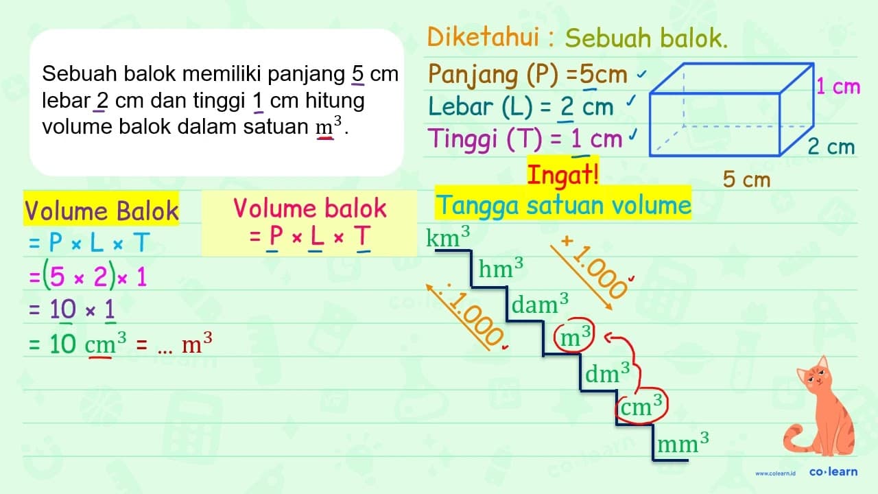 Sebuah balok memiliki panjang 5 cm lebar 2 cm dan tinggi 1