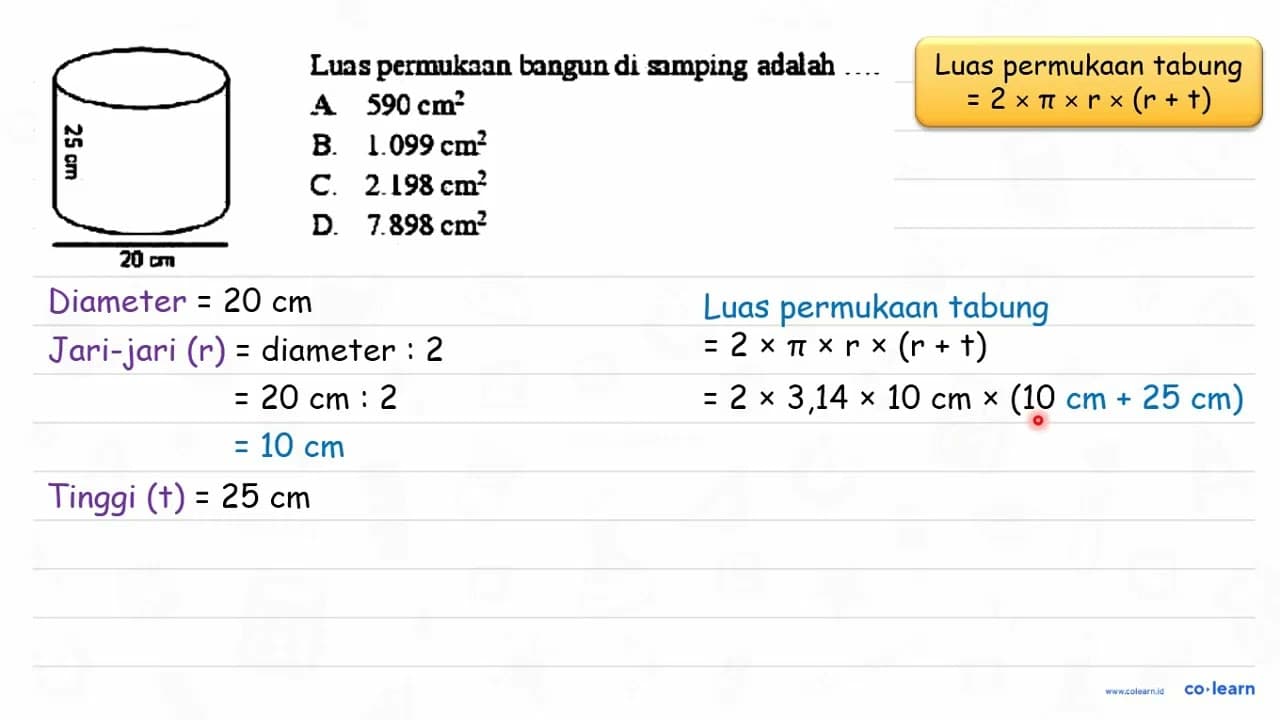 25 cm 20 cm Luas permukaan bangun di samping adalah .... A.