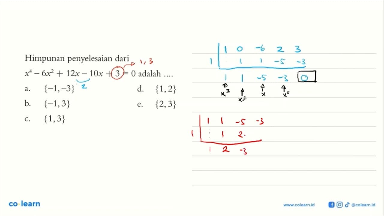 Himpunan penyelesaian dari x^4-6x^2+12x-10x+ 3 = 0 adalah