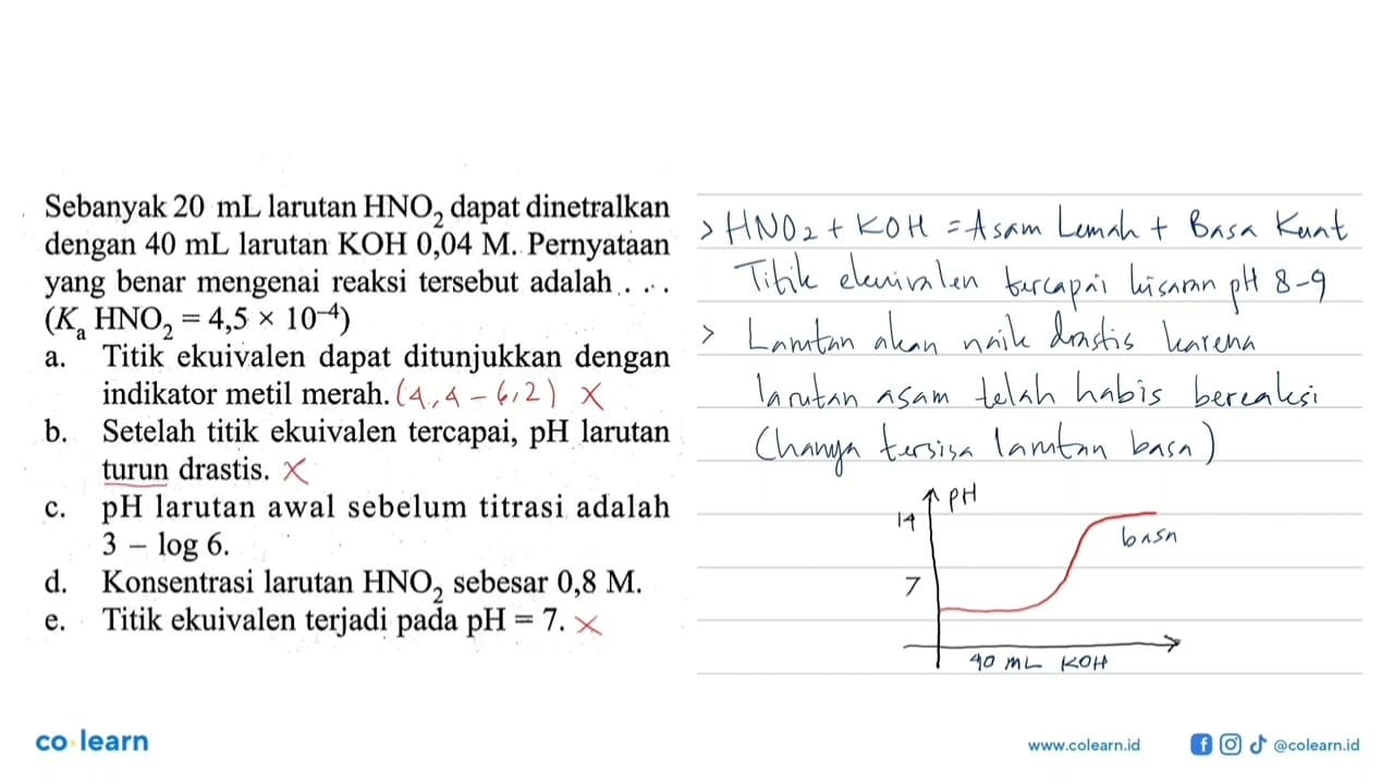 Sebanyak 20 mL larutan HNO2 dapat dinetralkan dengan 40 mL