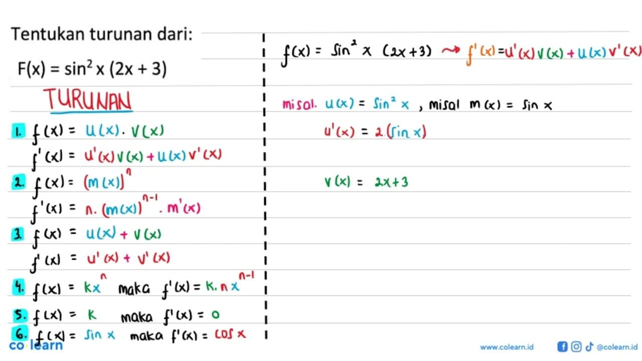 Tentukan turunan dari: F(x)=sin^2(x)(2x+3)