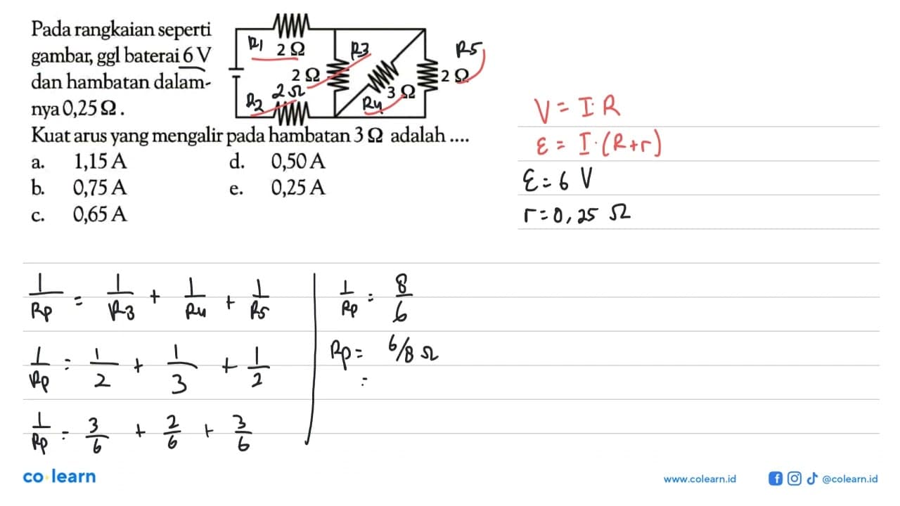 Pada rangkaian seperti gambar, ggl baterai 6 V dan hambatan