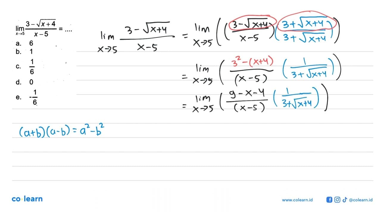 lim x->5 (3-akar(x+4))/(x-5)=...