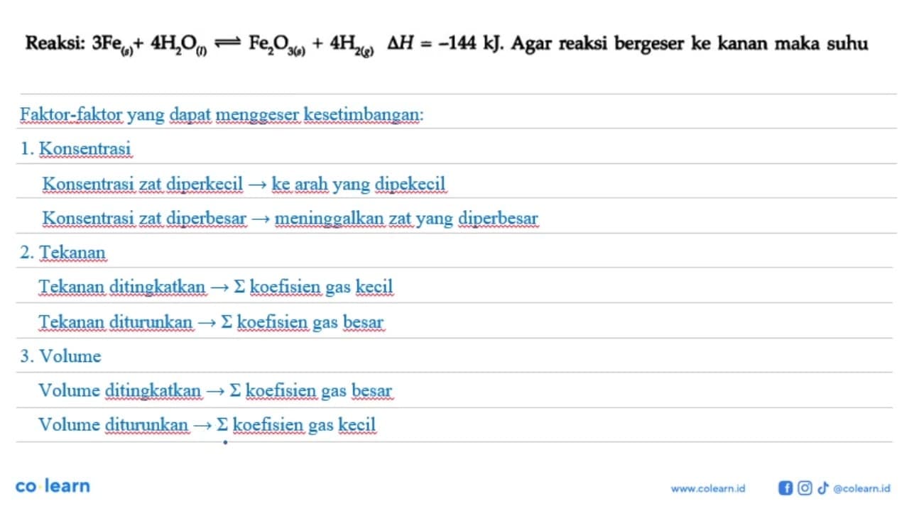 Reaksi: 3 Fe (s) + 4 H2O (l) < = > Fe2O3 (s) + 4 H2 (g)