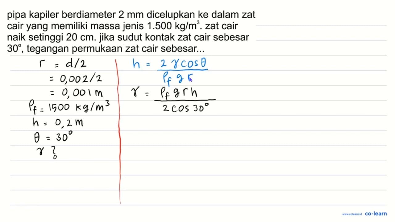 pipa kapiler berdiameter 2 mm dicelupkan ke dalam zat cair