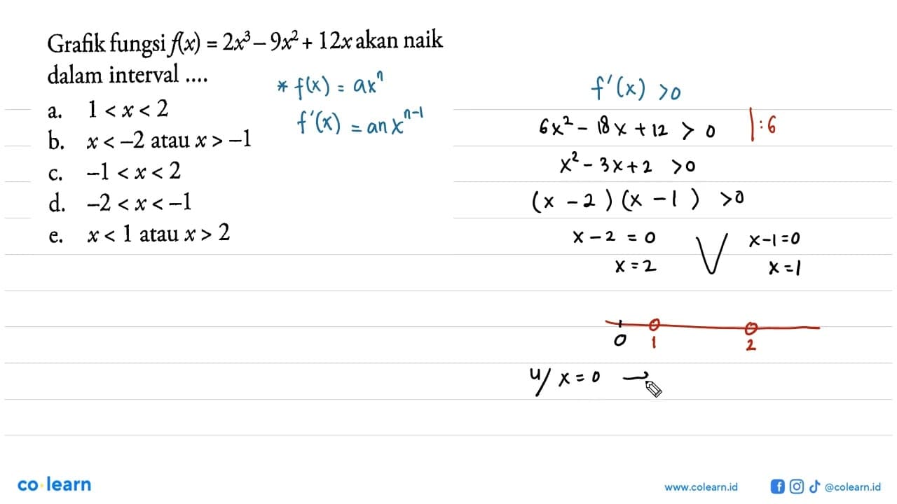 Grafik fungsi f(x)=2x^3-9x^2+12x akan naik dalam interval