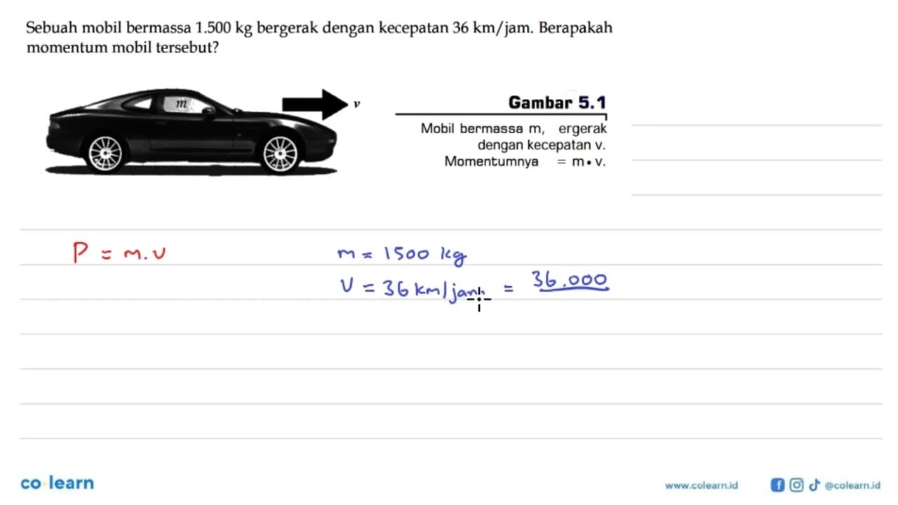 Sebuah mobil bermassa 1.500 kg bergerak dengan kecepatan 36