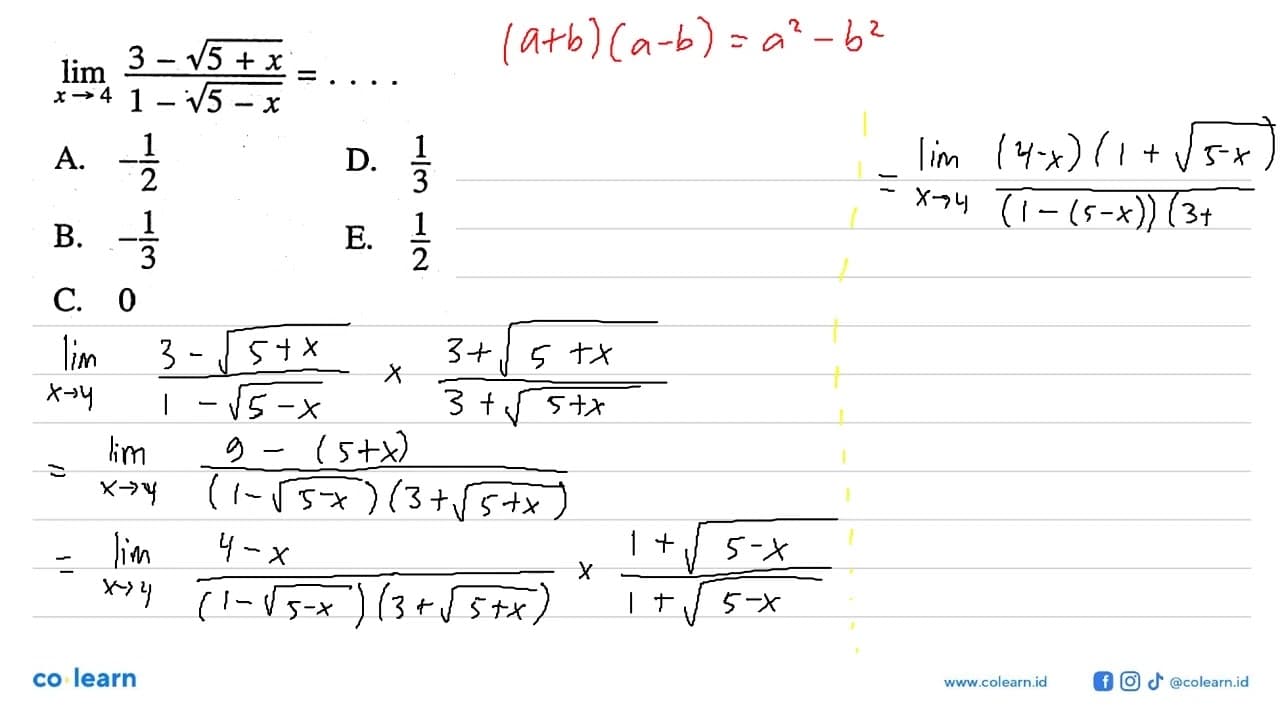 limit x ->4 (3-akar(5+x))/(1-akar(5-x))=....