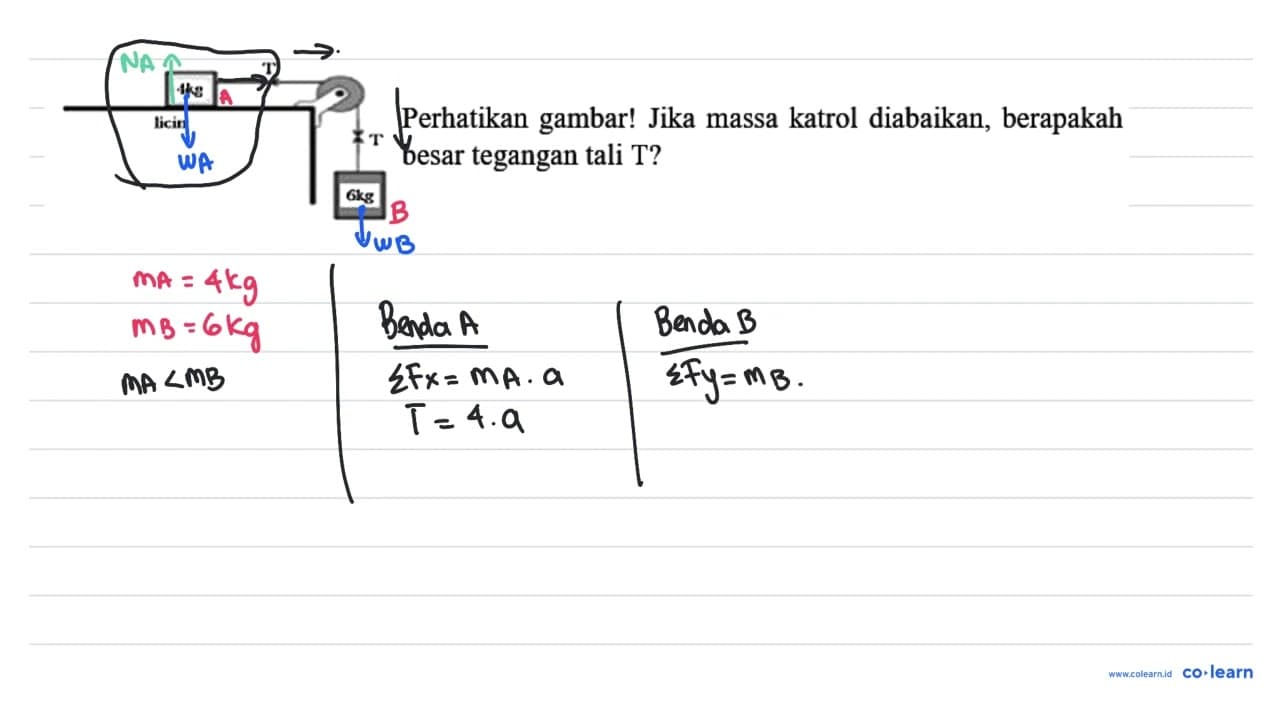 Perhatikan gambar! Jika massa katrol diabaikan, berapakah