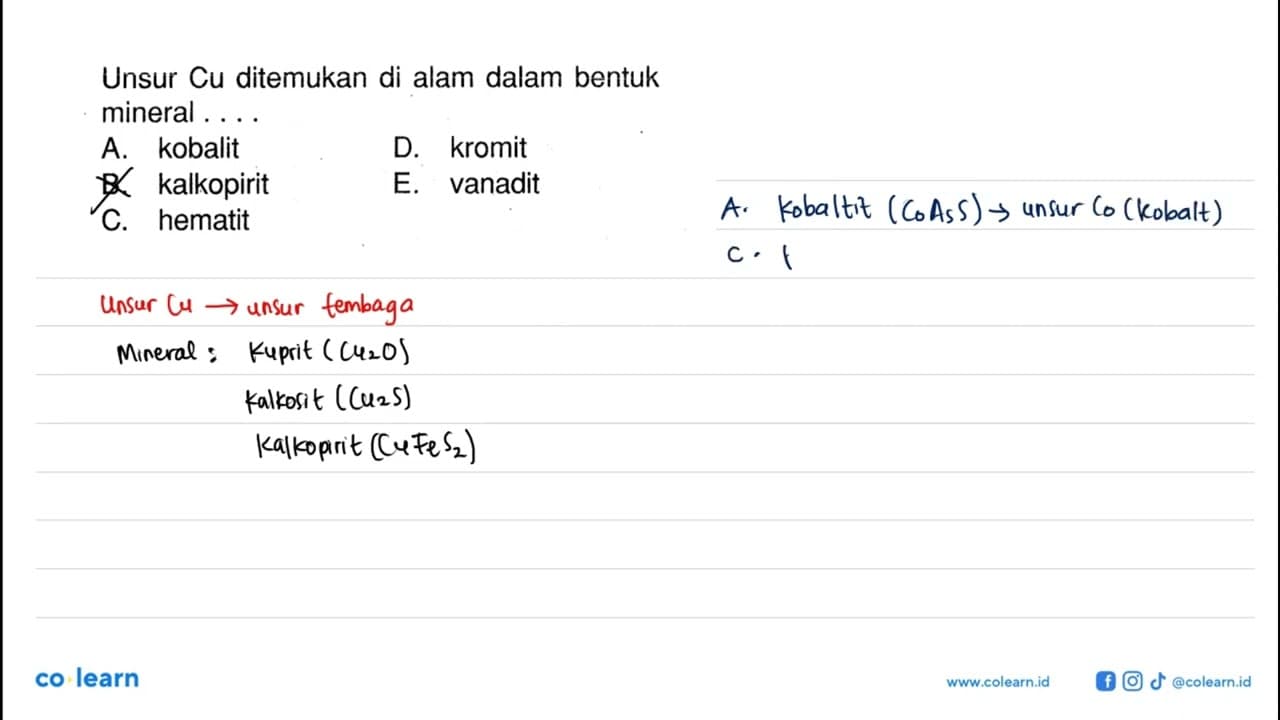 Unsur Cu ditemukan di alam dalam bentuk mineral ....